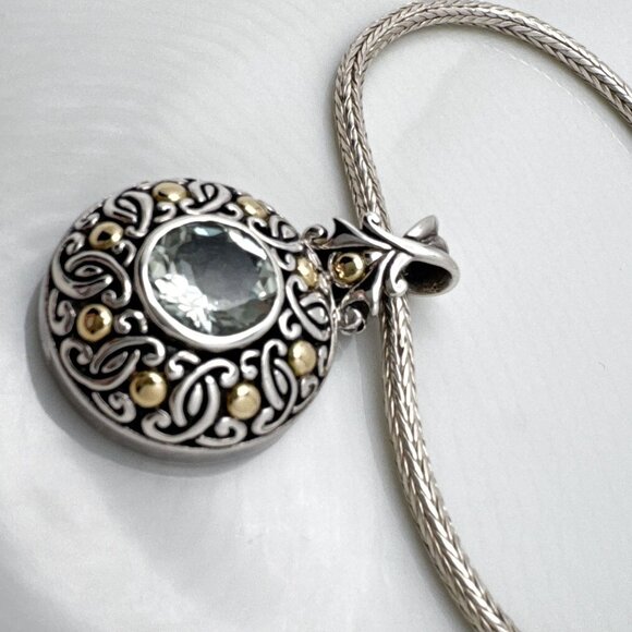 Bali Prasiolite Pendant Necklace Sterling Silver 18K Gold Scrollwork 16" - Picture 14 of 16